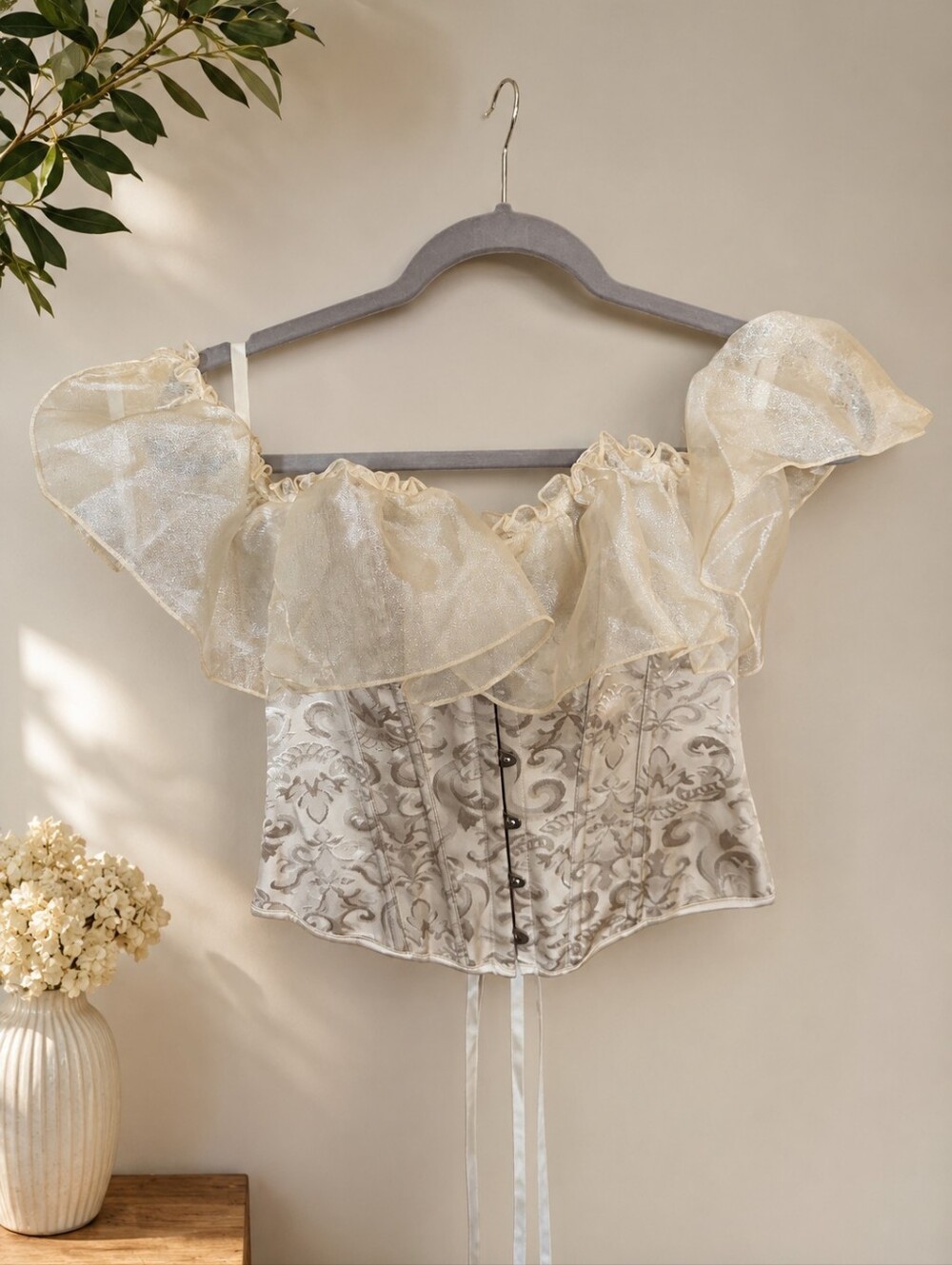 Elegant Cream Off-Shoulder Ruffled Corset Top